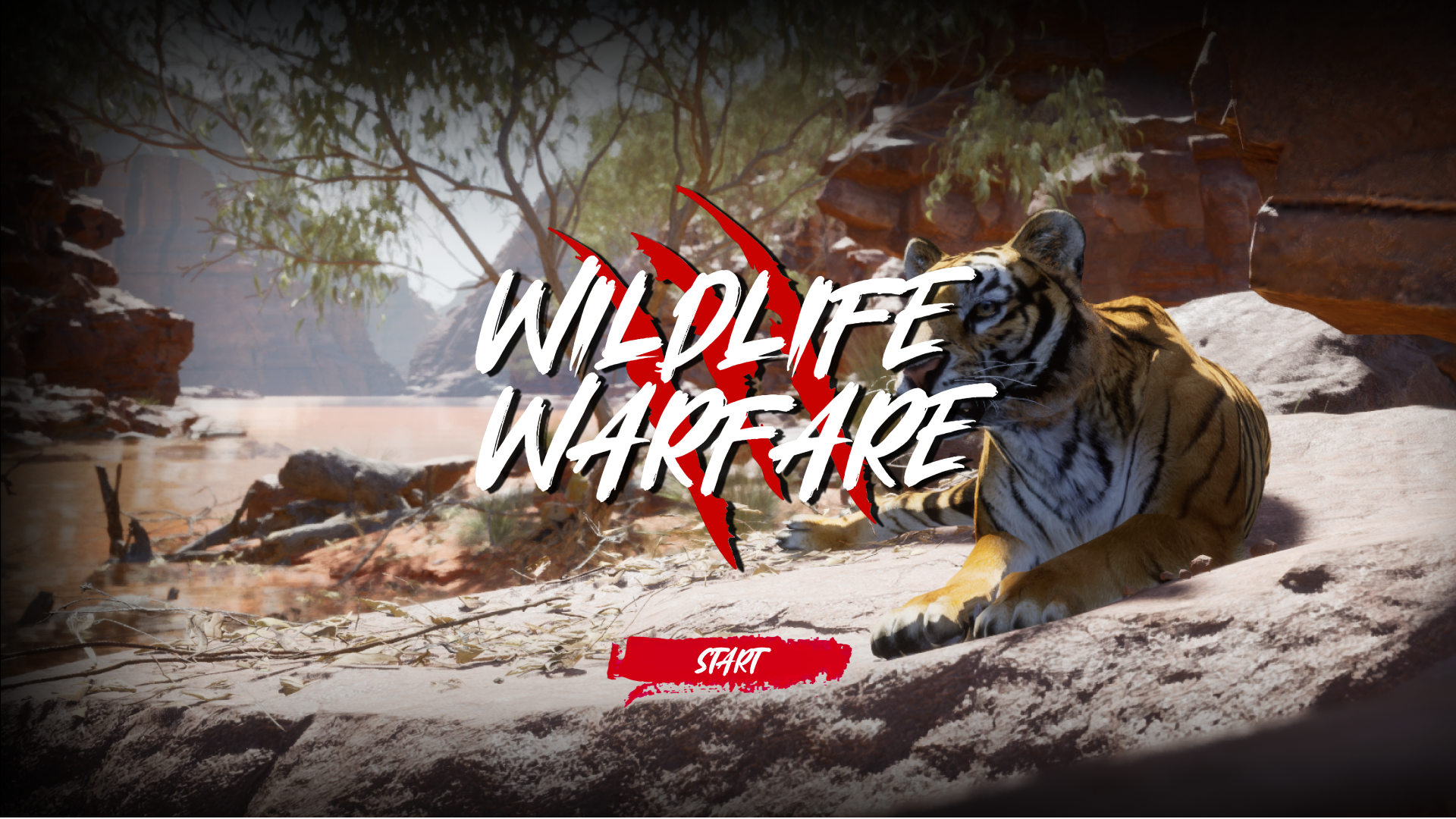 Wildlife Warfare title screen with the brush-stroke logo and a Start button